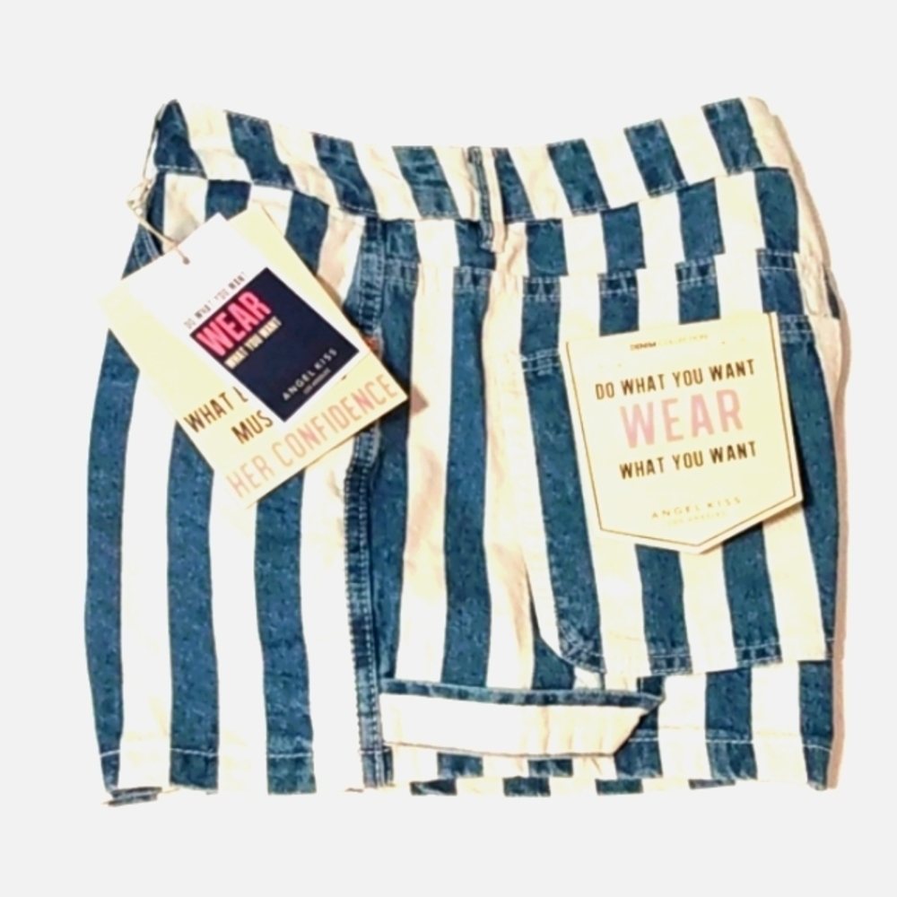 ANGEL KISS STRIPED HIGH RISE CARPENTER UTILITY SHORTS SIZE 7-28 NWT - Picture 2 of 7